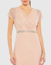 Pink Beaded Wrap V-Neck Cap Sleeve Dress